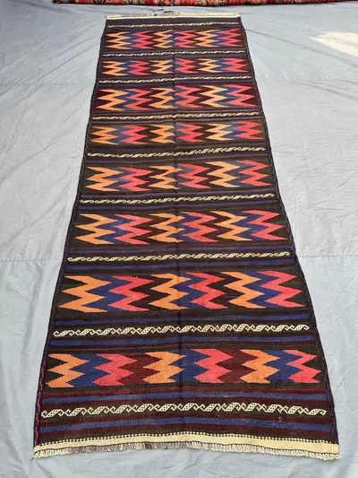 4x11 Afghan Kilim Runner | Vintage Flatweave Wool Rug | Colorful Tribal Chevron Hallway Carpet | Turkish Long 