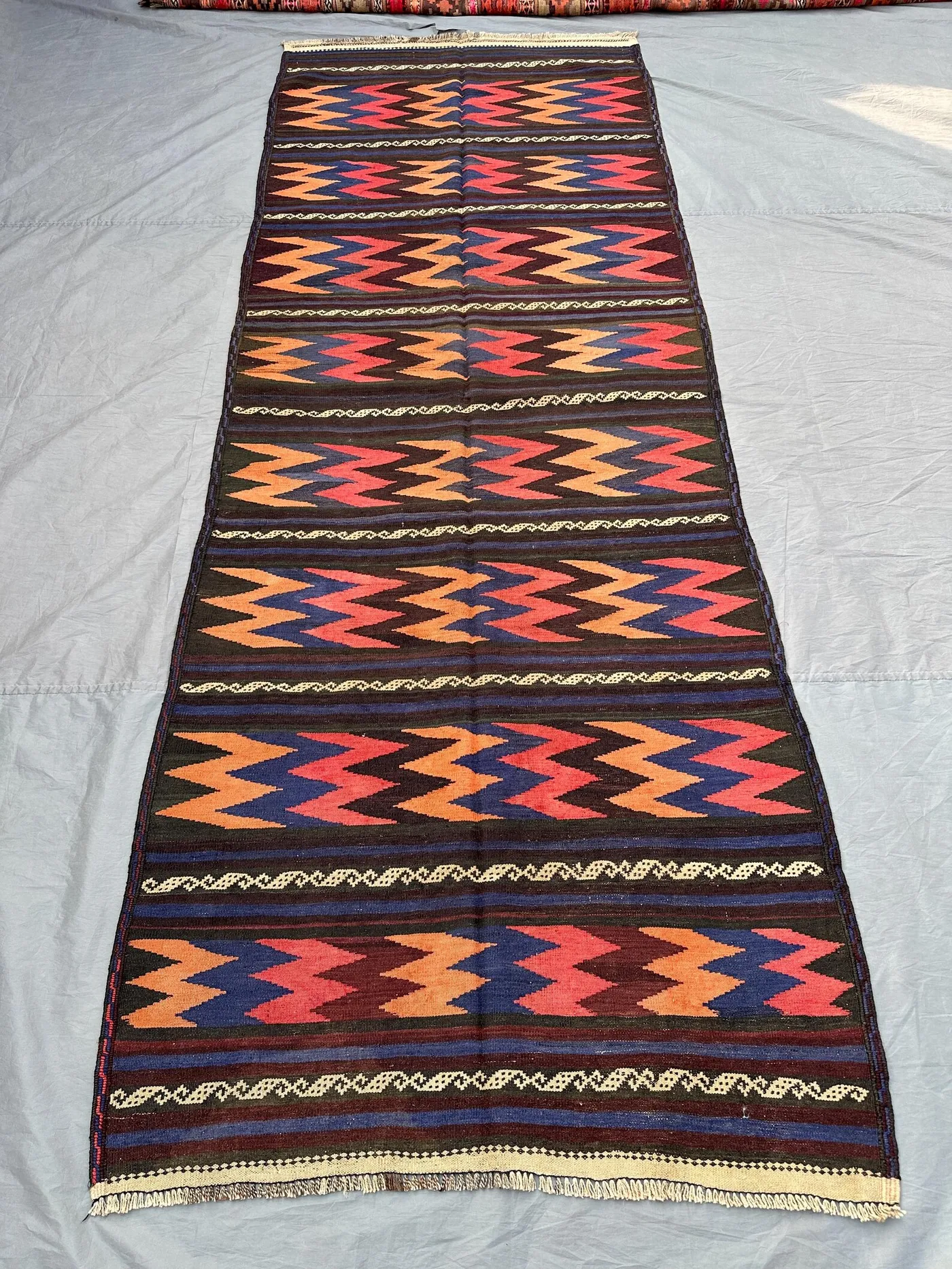 4x11 Afghan Kilim Runner | Vintage Flatweave Wool Rug | Colorful Tribal Chevron Hallway Carpet | Turkish Long Boho Entryway Rug, Home Decor