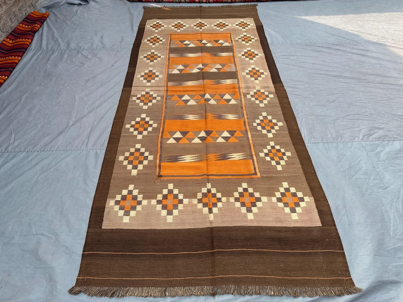 5x11 Afghan Kilim Rug | Handwoven Tribal Wool Flat Weave Wide Runner | Beige Brown Orange Carpet | Vintage Geometric Boho Hallway Decor