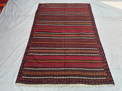5x8 Afghan Kilim Rug | Tribal Handmade Wool Flat Weave Carpet | Red Orange Striped Vintage Style Rug | Boho Et
