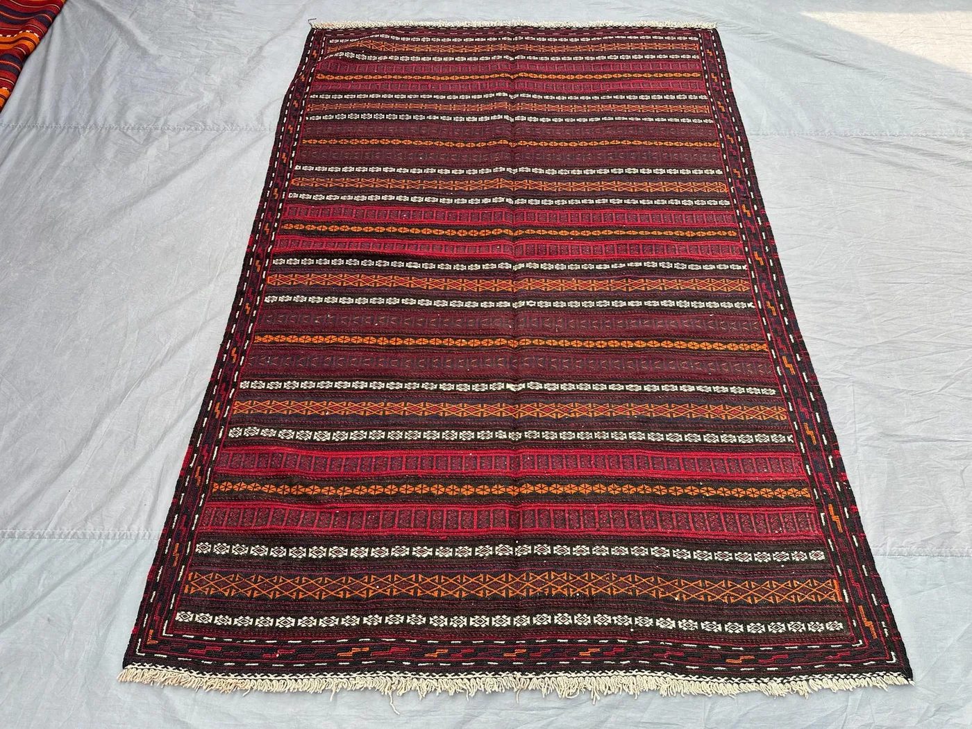5x8 Afghan Kilim Rug | Tribal Handmade Wool Flat Weave Carpet | Red Orange Striped Vintage Style Rug | Boho Ethnic Area Floor Decor