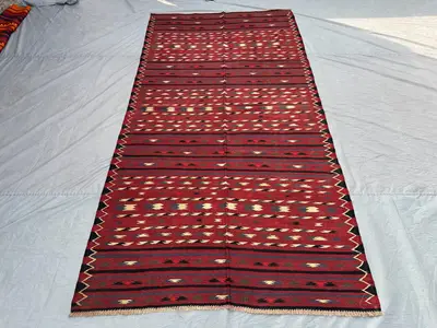 4'10x9'3 Afghan Kilim Rug | Tribal Red Flat Weave Wool Carpet | Handwoven Geometric Baluch Style Rug | Vintage