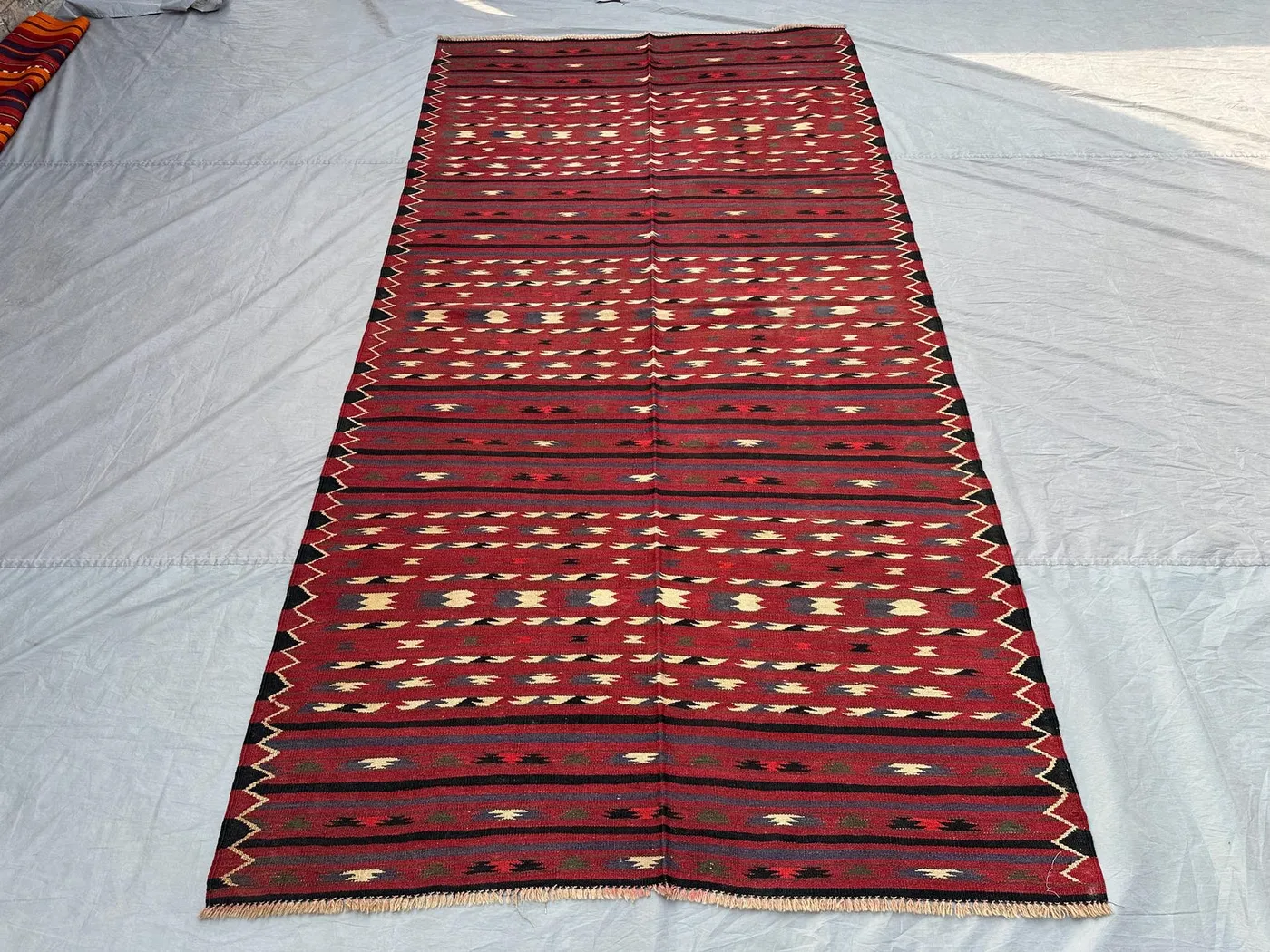 4'10x9'3 Afghan Kilim Rug | Tribal Red Flat Weave Wool Carpet | Handwoven Geometric Baluch Style Rug | Vintage Boho Ethnic Area Floor Decor