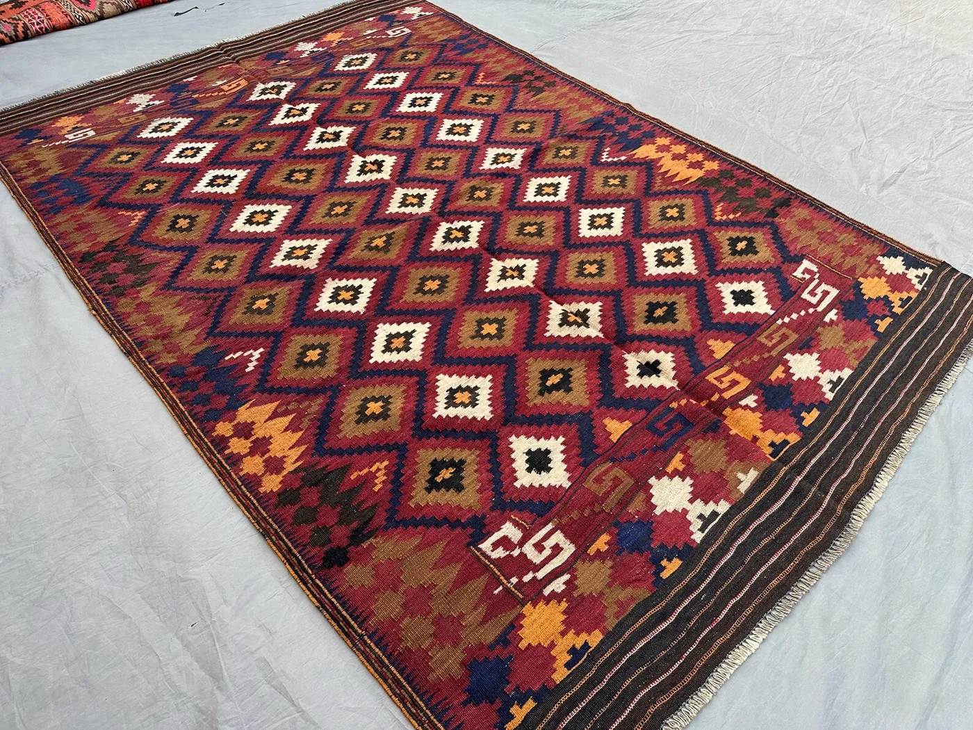 5'1x7'7 ft Antique 1940s Handmade Kilim Rug Afghan Flat Weave Wool Carpet Tribal Geometric Area Rug Vintage Decor Bold Diamond Pattern Rug