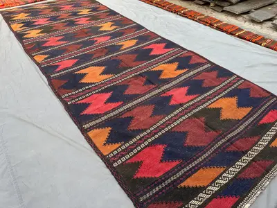 5x13.8 ft Vintage Afghan Kilim Rug, Hand Woven Flat Weave Wool Runner | Tribal Chevron Geometric Long Hallway 