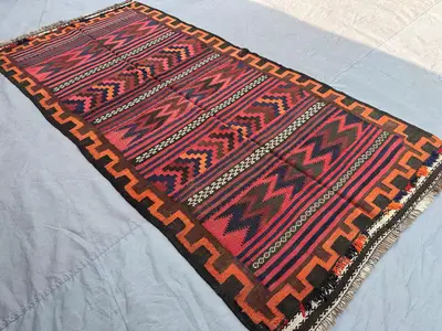 4'1x8'3 ft Antique Afghan Kilim Rug | Handwoven Sumak Baluch Wool Runner | Tribal Geometric Flat Weave | Boho 