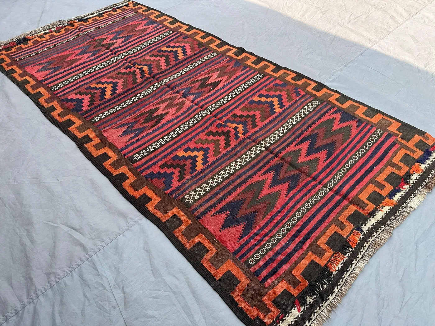 4'1x8'3 ft Antique Afghan Kilim Rug | Handwoven Sumak Baluch Wool Runner | Tribal Geometric Flat Weave | Boho Hallway Area Rug, Outdoor Rug