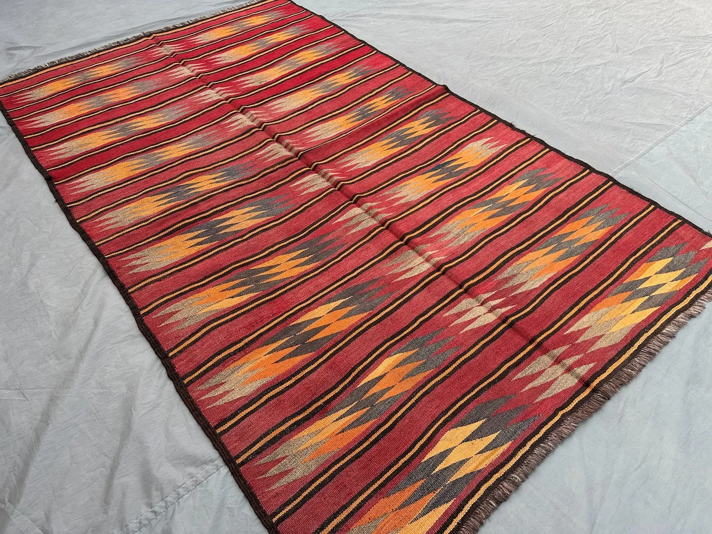 4.6x7.4 ft Afghan Kilim Rug | Vintage Flat Weave Tribal Runner | Handmade Turkish Style Wool Rug | Boho Red Striped Floor Carpet Decor