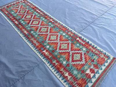 3x8 Afghan Kilim Runner Rug, Handwoven Wool Flat Weave, Tribal Geometric Hallway Rug, Natural Dye Long Runner,