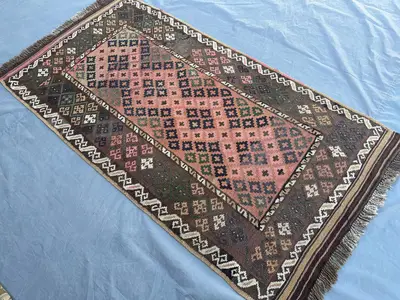 3'7x6'4 ft Antique Handmade Tribal Kilim Rug, Turkmen Terracotta Faded Ghlmori Flat Weave Area Wool Rug Kitche