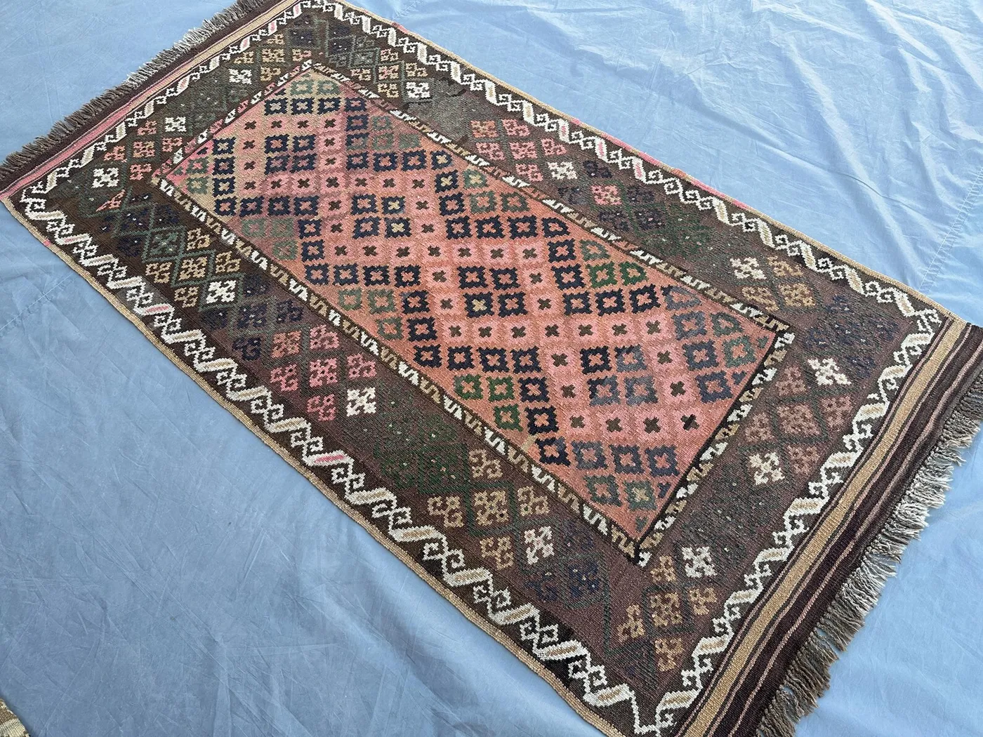 3'7x6'4 ft Antique Handmade Tribal Kilim Rug, Turkmen Terracotta Faded Ghlmori Flat Weave Area Wool Rug Kitchen Home Decor, Bedroom Rug