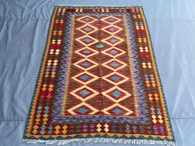 Afghan Kilim Rug 5x7 | Handwoven Wool Flat Weave | Multicolor Tribal Area Rug | Boho Diamond Pattern Carpet | 