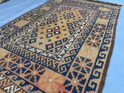 3'4x5'1 ft Antique Afghan Kilim Rug, Tribal Turkmen Terracotta Geometric, Faded Flat Weave Turkish Style, Kids