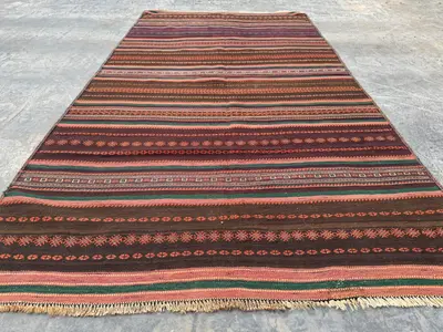 3.9x6.8 ft Vintage Afghan Kilim Rug, Handwoven Tribal Flat-Weave Wool Rug, Bohemian Style Striped Rug, Rustic 