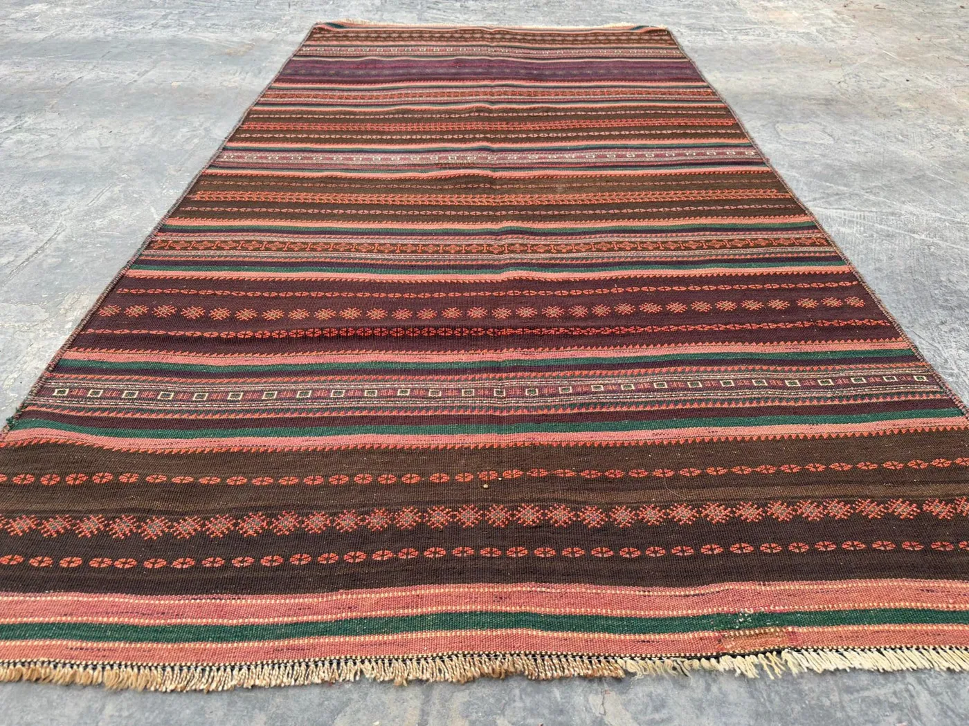 3.9x6.8 ft Vintage Afghan Kilim Rug, Handwoven Tribal Flat-Weave Wool Rug, Bohemian Style Striped Rug, Rustic Decor Ethnic Area Rug