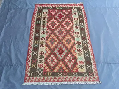 4.2x6.2 ft Afghan Kilim Rug | Handmade Wool Flat Weave Carpet | Tribal Geometric Pattern | Red Beige Multicolo