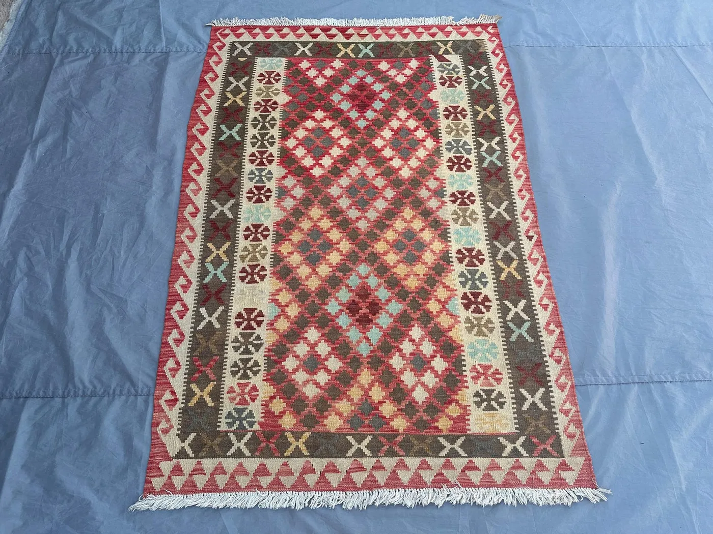 4.2x6.2 ft Afghan Kilim Rug | Handmade Wool Flat Weave Carpet | Tribal Geometric Pattern | Red Beige Multicolor Decor, Boho Kitchen Area Rug