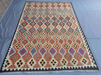 7x10 Afghan Kilim Rug | Handwoven Wool Flat Weave Carpet | Colorful Tribal Geometric Pattern | Large Boho Deco