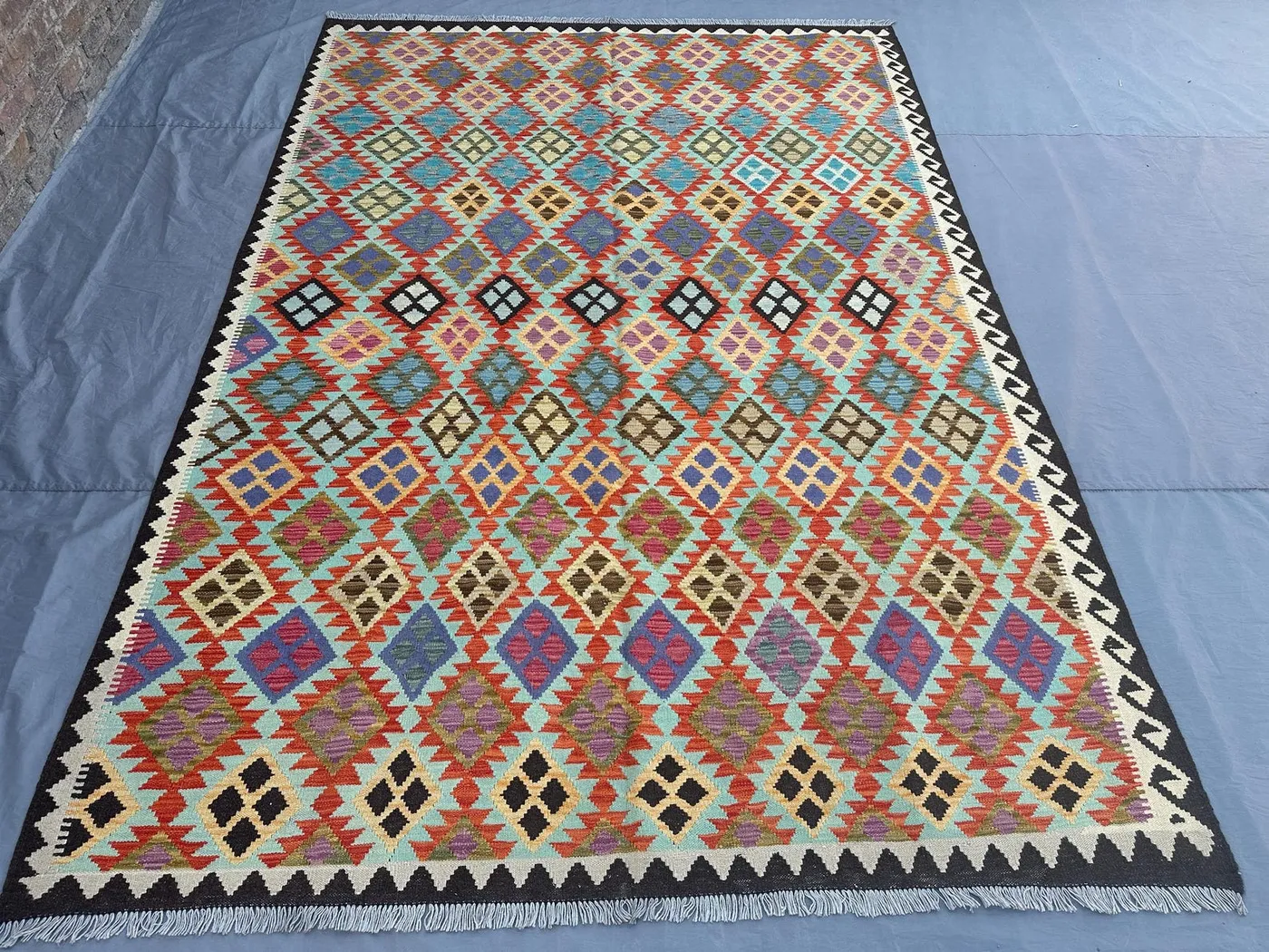 7x10 Afghan Kilim Rug | Handwoven Wool Flat Weave Carpet | Colorful Tribal Geometric Pattern | Large Boho Decor | Oriental Living Room Rug