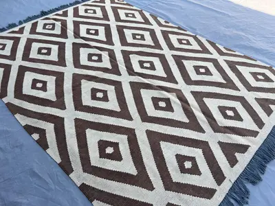 5x7 Afghan Kilim Rug, Modern Flat Weave Wool Rug, Brown Cream Diamond Pattern | Handwoven Geometric Carpet | N