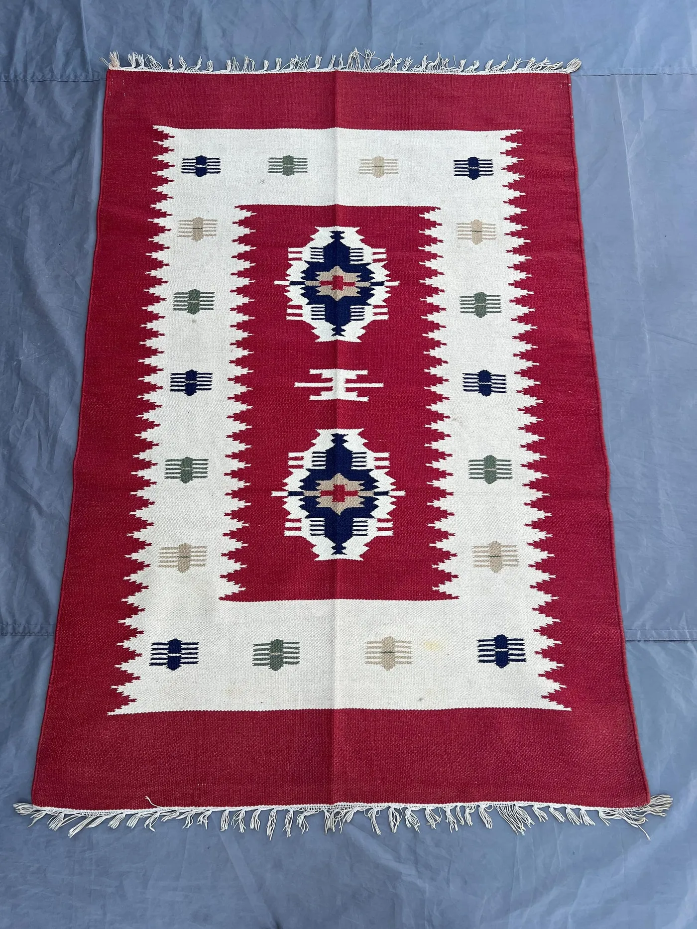 Red Afghan Kilim Rug 4x6 | Handwoven Flat Weave Wool Rug | Boho Tribal Accent | Bold Geometric Carpet | Living Room Area Rug, Kitchen Rug