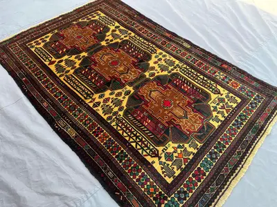 3'9 x 6 ft vintage afghan Rug, hand knotted balochi rug, yellow brown tribal design soft wool Rug, unique orie