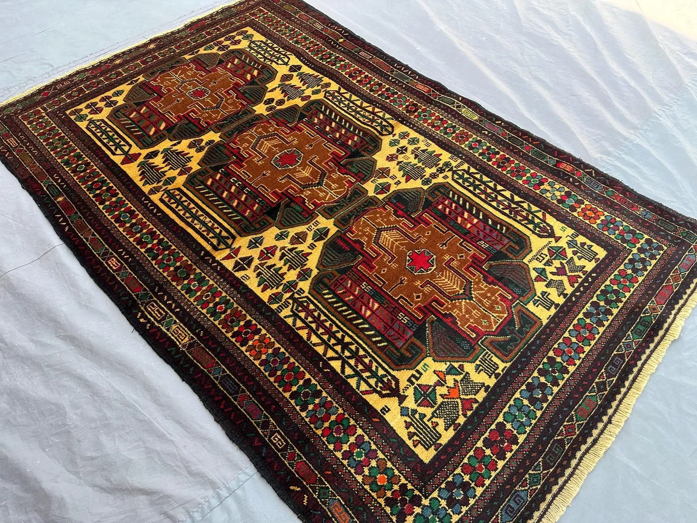 3'9 x 6 ft vintage afghan Rug, hand knotted balochi rug, yellow brown tribal design soft wool Rug, unique oriental area rug, Kitchen rug