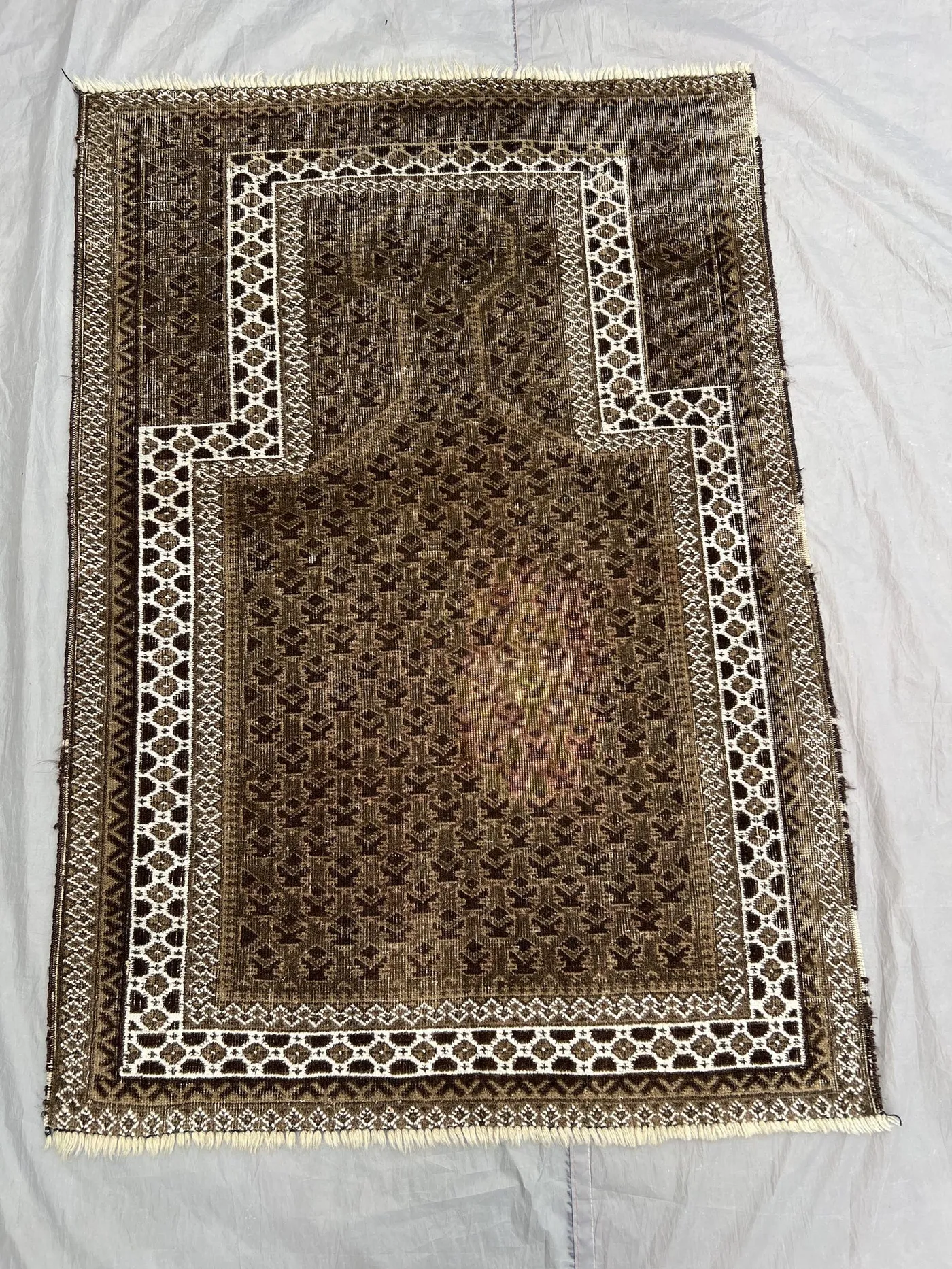 2'10" x 4'2" Low Pile Antique Afghan Baluchi Prayer Rug, Rare Hand-Knotted Wool, Geometric Design, Vintage Tribal Carpet, Soft Pile Moss Rug
