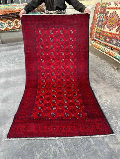 Afghan Tribal Baluch Rug 4x7 ft | Vintage Red Wool Carpet | Turkmen Mowriu Design Nomadic Fine Area Rug for Ho