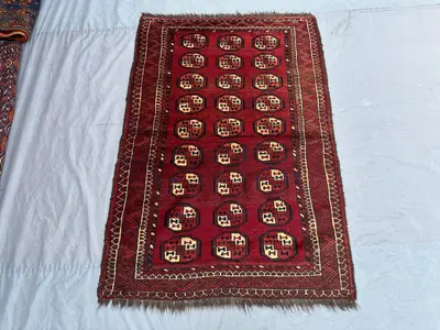 3'8 x 5'5 ft Antique Turkmen Ersari Rug, Hand Knotted Wool, Rare Tribal Red Carpet, Geometric Gul Design, One 