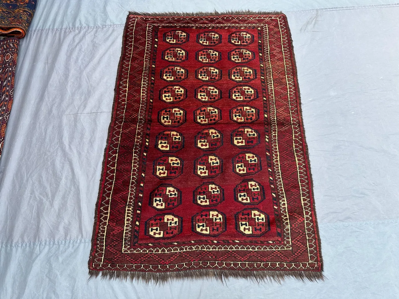 3'8 x 5'5 ft Antique Turkmen Ersari Rug, Hand Knotted Wool, Rare Tribal Red Carpet, Geometric Gul Design, One of a Kind Vintage Kitchen Rug