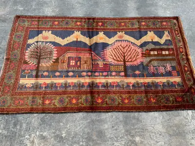 4x7 Vintage Afghan Baluch Rug Hand Knotted Tribal Wool Rug Navy Blue Wall Hanging Rug, Pictorial Rug, Geometri