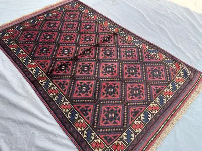 3'9 x 6'4 ft Red and Blue Vintage Afghan Hand Knotted Fine Tribal Rug Geometric Pattern Soft Wool Oriental Are