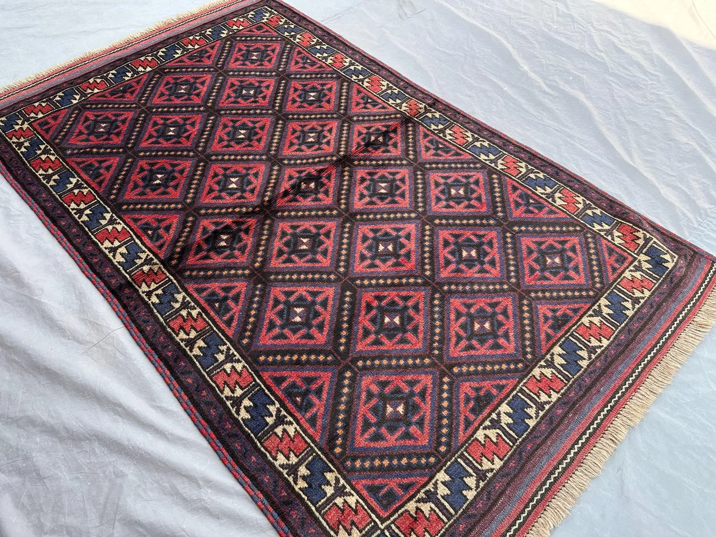 3'9 x 6'4 ft Red and Blue Vintage Afghan Hand Knotted Fine Tribal Rug Geometric Pattern Soft Wool Oriental Area Carpet, Bedroom rug