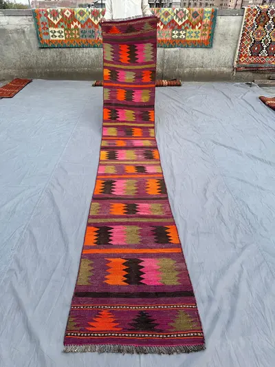 2x12 Antique Afghan Flat Weave Runner | Colorful Kilim Wool Rug | Handmade Tribal Geometric Hallway Carpet | L