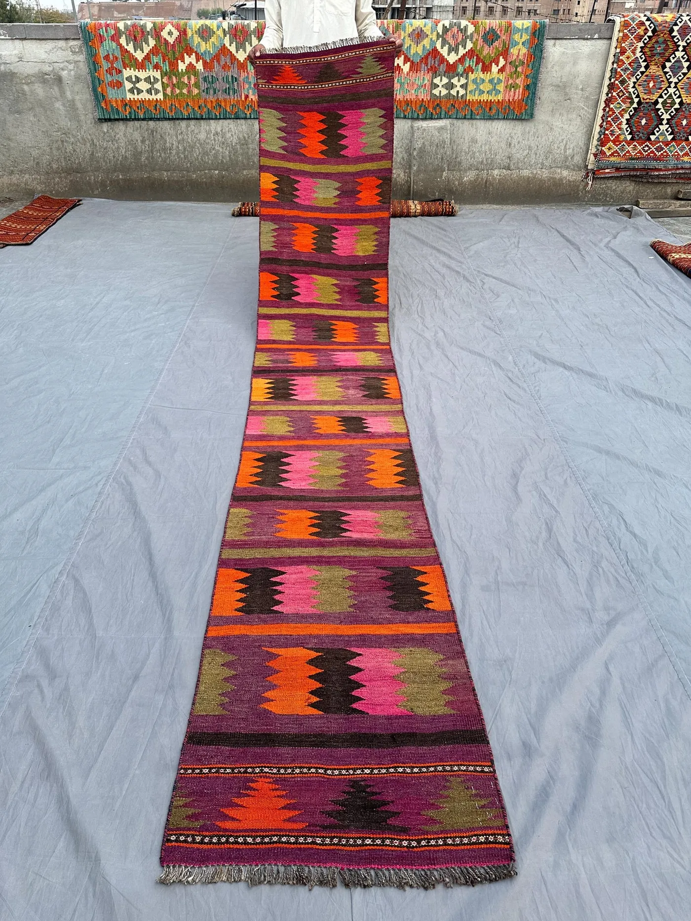 2x12 Antique Afghan Flat Weave Runner | Colorful Kilim Wool Rug | Handmade Tribal Geometric Hallway Carpet | Long Floor Decor, 12ft Long Rug