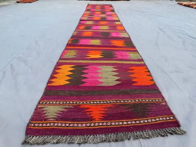 2x12 Colorful Kilim Runner | Handwoven Wool Afghan Tribal Rug | Bright Pink Orange Boho Hallway Carpet | Vinta