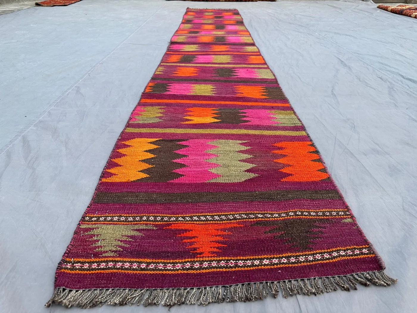 2x12 Colorful Kilim Runner | Handwoven Wool Afghan Tribal Rug | Bright Pink Orange Boho Hallway Carpet | Vintage Geometric Decor Runner Rug
