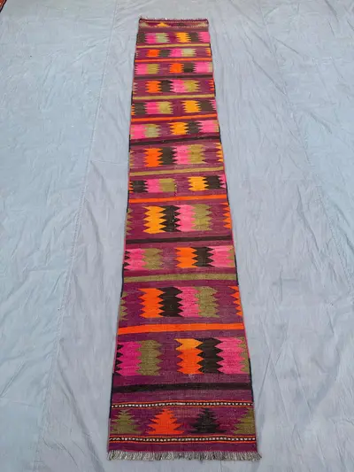 2x12 Colorful Kilim Runner | Handwoven Wool Afghan Tribal Rug | Bright Pink Orange Boho Hallway Carpet | Vinta