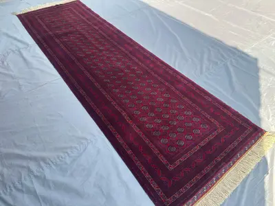 Afghan Hand-Knotted Runner rug, 3x10 Tribal Turkmen Bukhara Rug | Beljik Wool Hallway Carpet High-Quality Vint