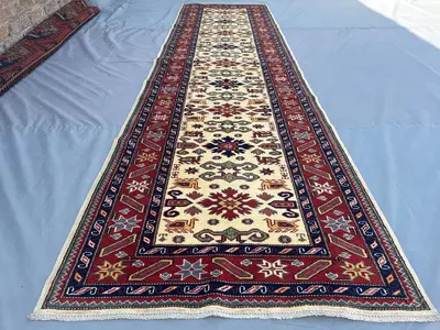 Afghan Kazak Runner Rug 2'9" x 10' ft | Handmade Tribal Turkmen Hallway Carpet | Wool Geometric Rug Vintage St
