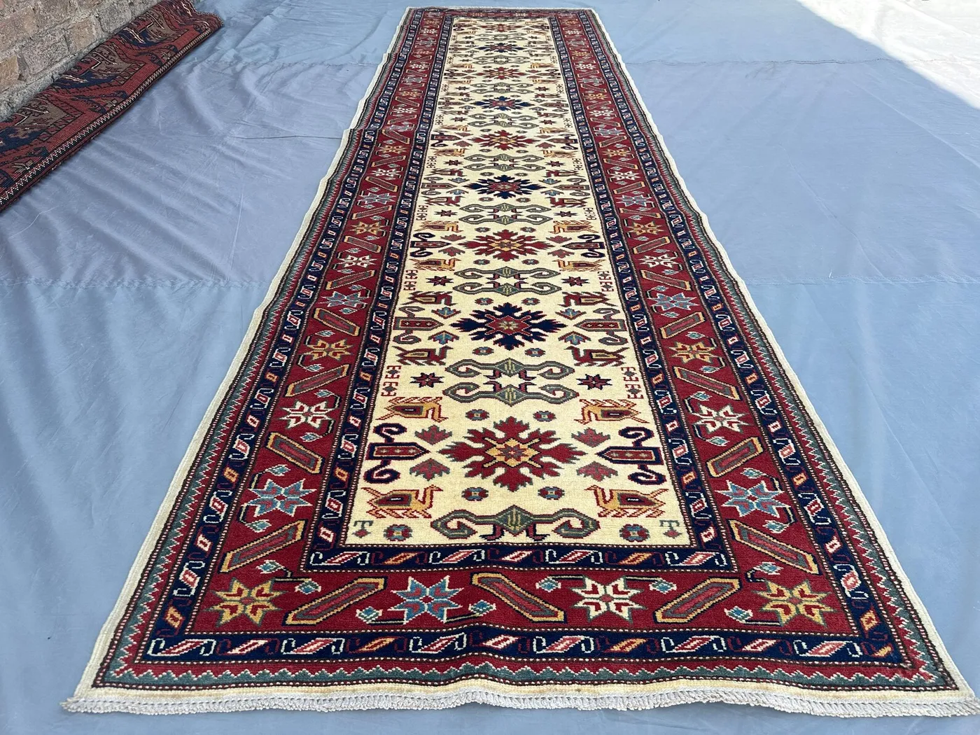 Afghan Kazak Runner Rug 2'9" x 10' ft | Handmade Tribal Turkmen Hallway Carpet | Wool Geometric Rug Vintage Style Nomadic Decor, Home Decor