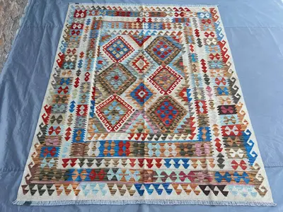 6x7 Kilim Rug, Authentic Afghan Handmade Rug, Flatweave Kilim Area Rug, Geometric Modern Gabbeh Rug, Veg dyes 