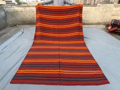 6 x 10 Vintage Afghan Striped Kilim Rug | Handwoven Flatweave Wool Area Rug | Tribal Boho Textile | Bold Color