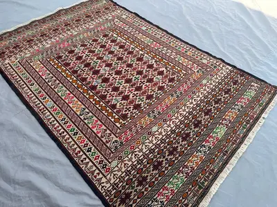 4 x 6'2 ft Vintage Afghan Hand Woven Sumak Kilim Rug Geometric Pattern Tribal Flat Weave Multicolor Oriental A