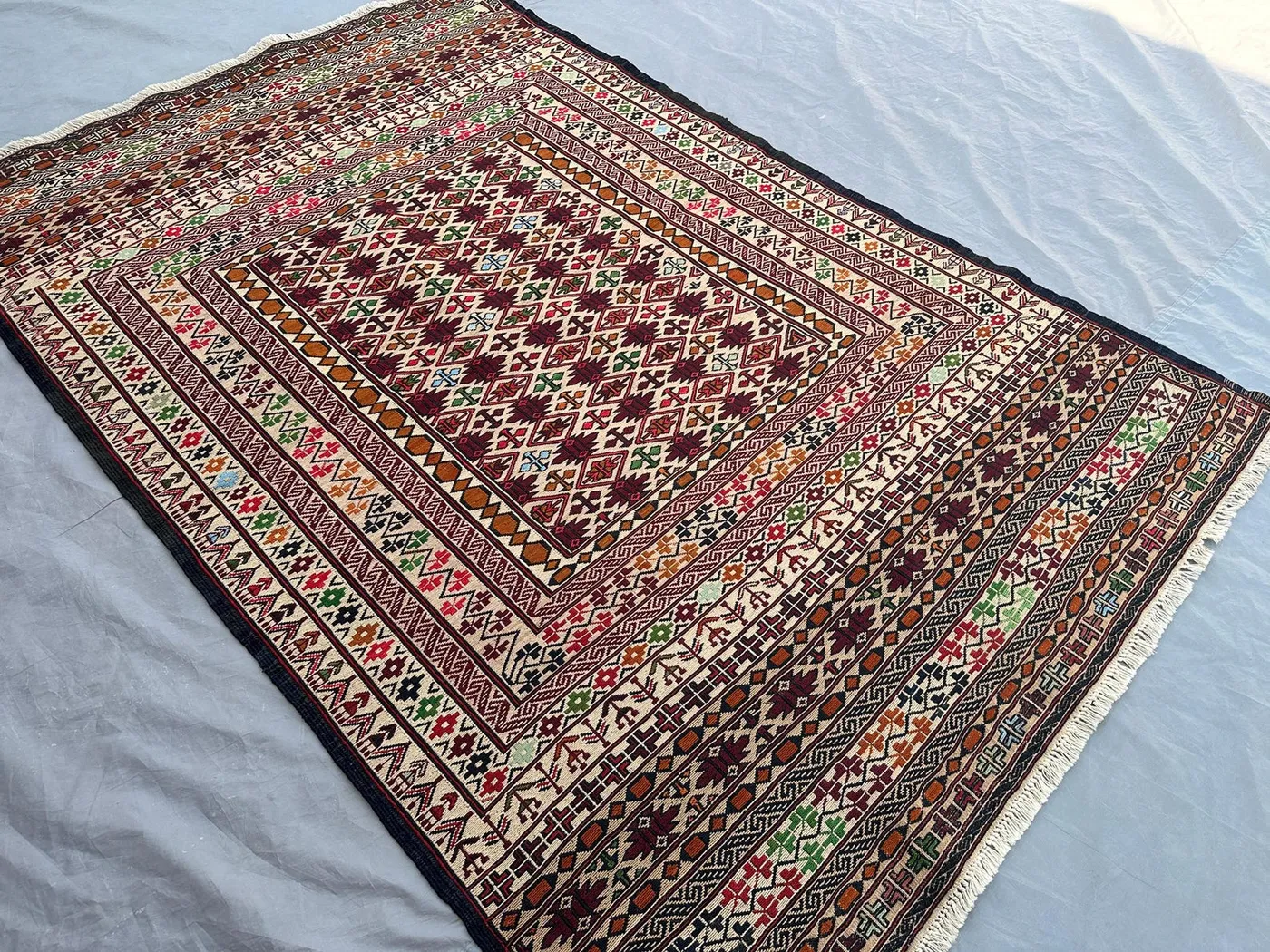 4 x 6'2 ft Vintage Afghan Hand Woven Sumak Kilim Rug Geometric Pattern Tribal Flat Weave Multicolor Oriental Area Rug, Handmade maliki Rug