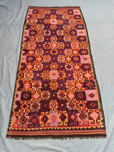 4'1x8'4 ft Vintage Handmade Kilim Rug Colorful Geometric Wool Flat Weave Carpet Tribal Boho Runner Rug | Vibra