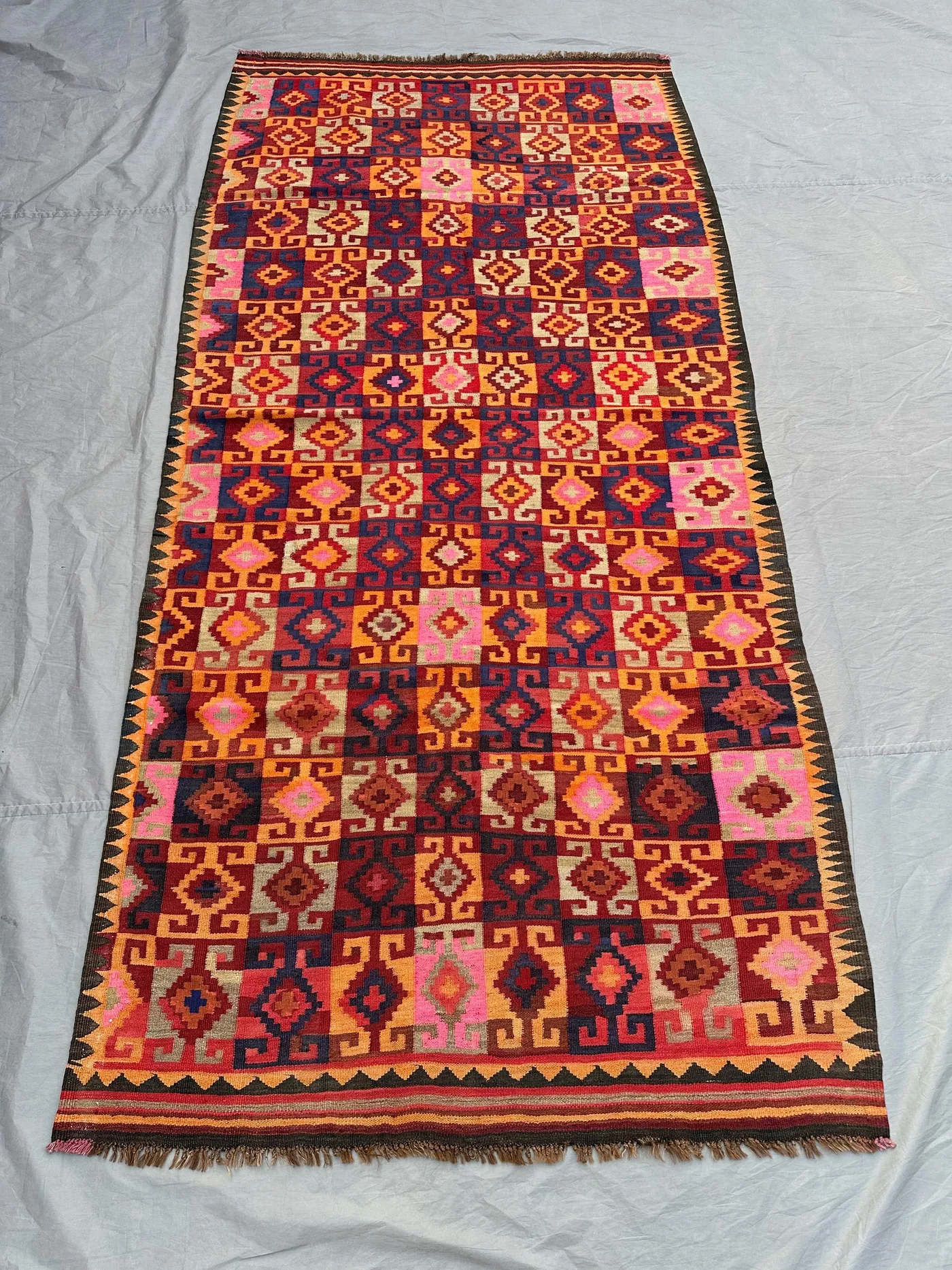 4'1x8'4 ft Vintage Handmade Kilim Rug Colorful Geometric Wool Flat Weave Carpet Tribal Boho Runner Rug | Vibrant Checkered Area Rug Decor