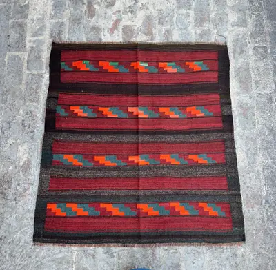 Antique Afghan Maldari Kilim Rug 5x5 ft | Tribal Flat Weave | Turkmen Baluch Wool Square Rug with Geometric Pa