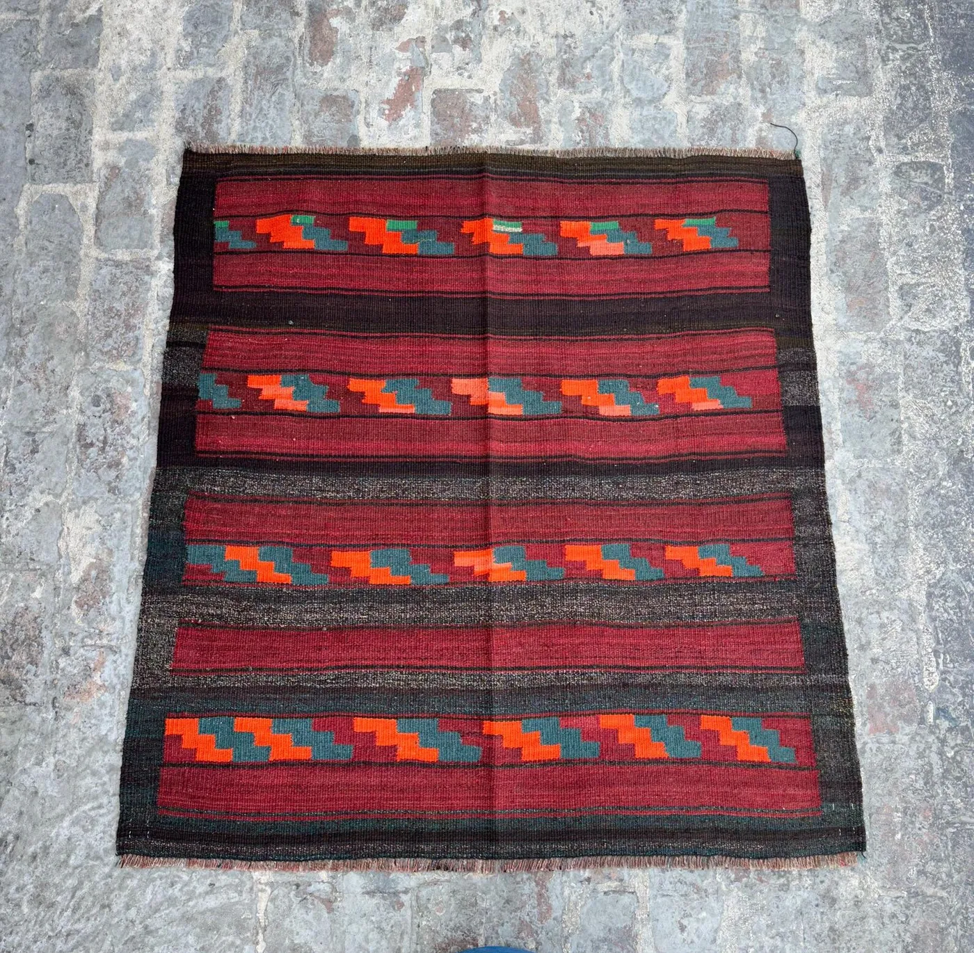 Antique Afghan Maldari Kilim Rug 5x5 ft | Tribal Flat Weave | Turkmen Baluch Wool Square Rug with Geometric Patterns, Bedroom Rug, Kids Rug